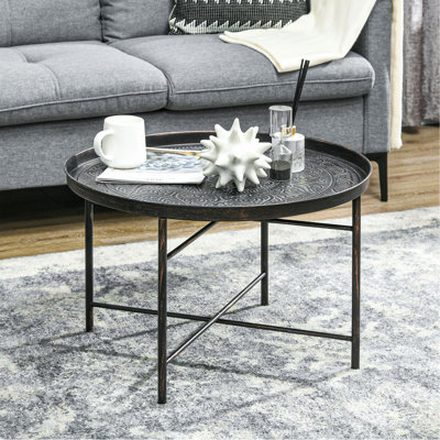 Table basse ronde de 24 po avec plateau martelé, table centrale en métal rétro pour le salon, la chambre à coucher, la table d'appoint et l'étain