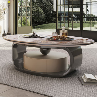  Eriksen 55" Modern Oval Faux Marble Coffee Table with Sled Base & Storage Drawer, Sintered Stone Top, Vintage-Inspired Center Table