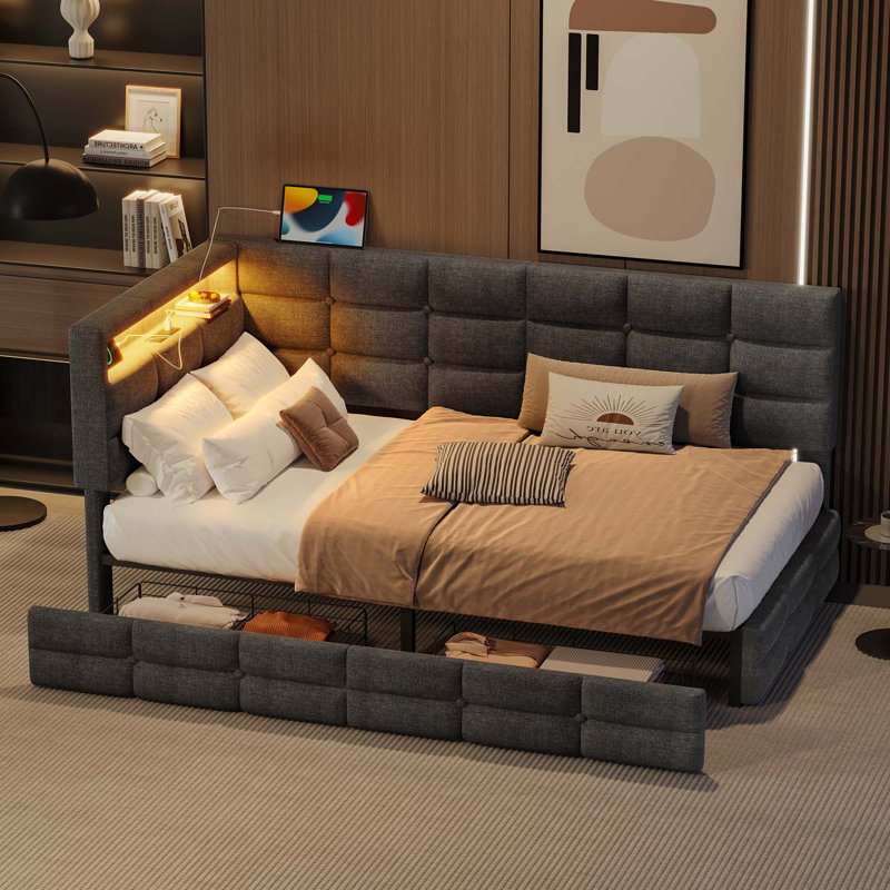 Upholstered Twin Size Daybed with Storage 2 Drawers and Charging Station, Day Bed Frame with LED Lights and Storage Headboard, No Box-Spring Needed