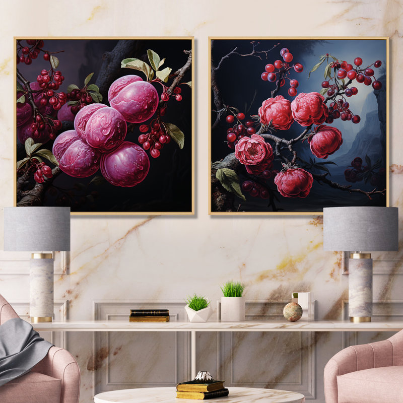 Ensemble de 2 décorations murales Renaissance Peinture d'un prunier I - fruits, H 36 po x l 73 po x P 1,5 po