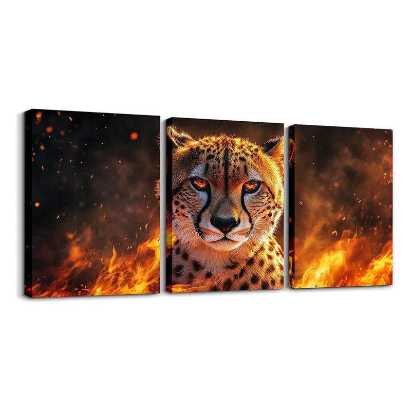 Cheetah Wall Posters Room Decor Fire Cool Framed Canvas Kitchen Wall Art 3D Leopard Africa Animal Office Bathroom Wall Art House Decor,3 Piece 12X16 Inch