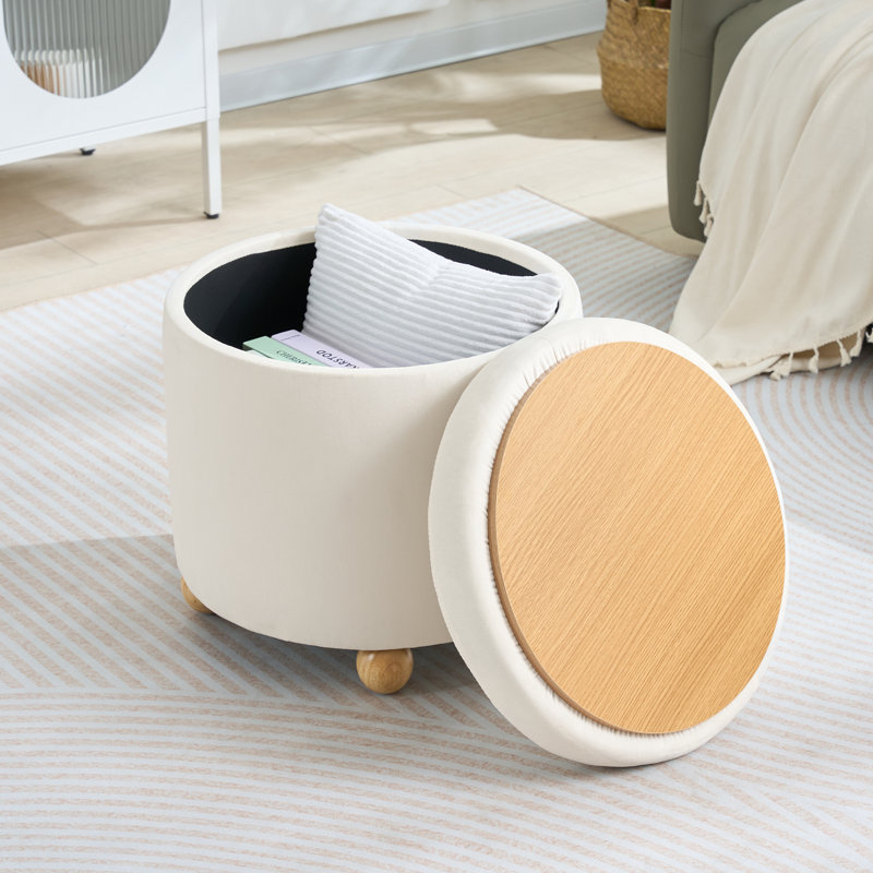 Upholstered Round Storage Ottoman, Tufted Velvet Ottoman, Footrest Stool with Tray, White