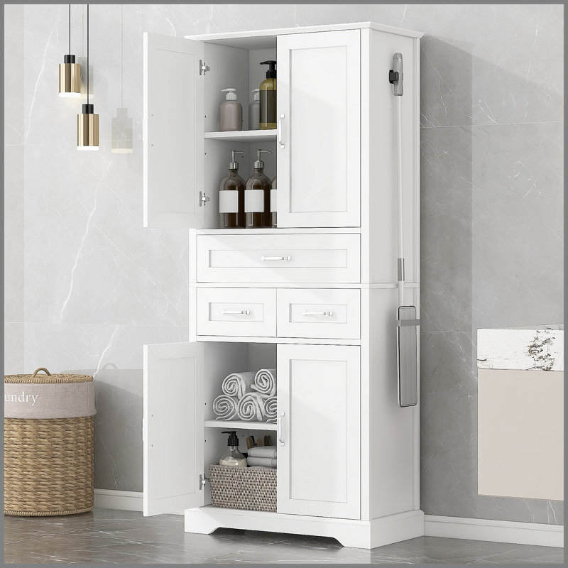 Grande armoire de rangement pour salle de bain, tour à linge autoportante avec 4 portes et 3 tiroirs, tablettes réglables, organisateur de salle de bain en panneau de fibres à densité moyenne avec crochet en alliage d'aluminium
