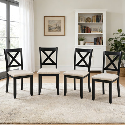 Chaises de salle à manger en bois avec assise rembourrée et dossier en forme de X, convenant à la chambre, au salon ou à la chambre à coucher, coloris noir et beige, 4 places rembourrées, ergonomiques pour coin café dans la chambre.