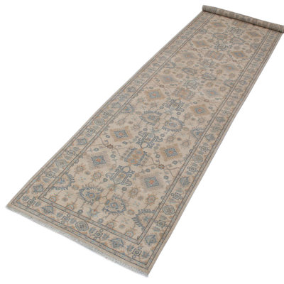 Tapis beige / gris en laine noué à la main 4 pi 1 po x 15 pi 5 po Baccio
