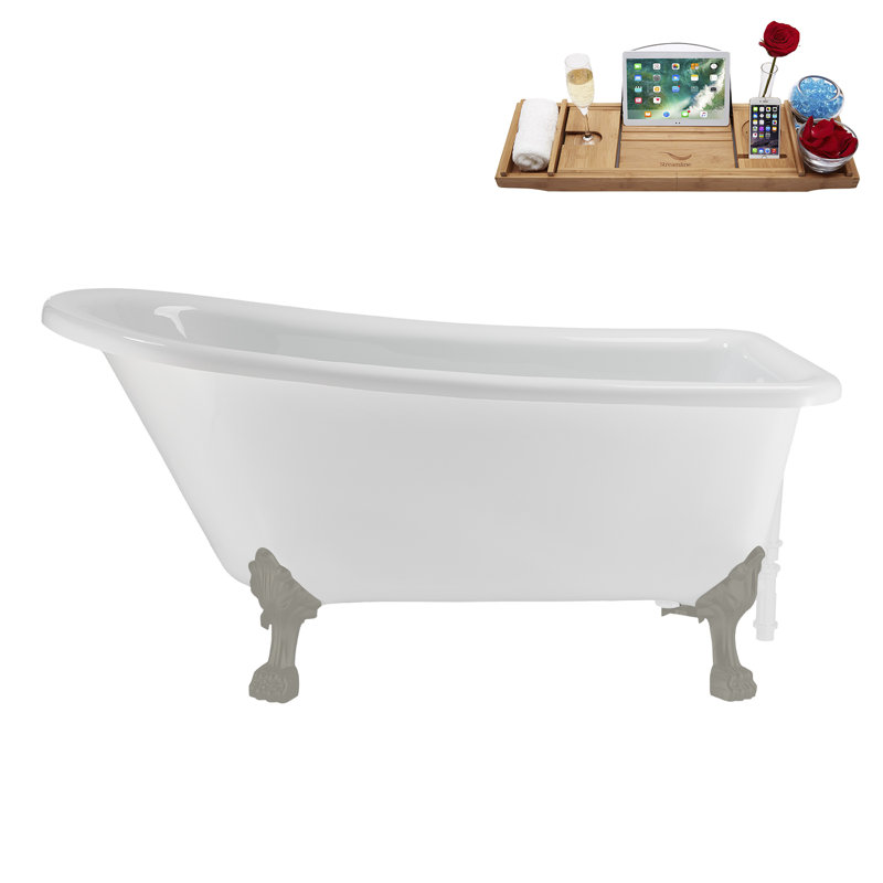 58" Streamlin Clawfoot Tub,Tray,Drain, Clawfeet, Brushed Gun Metal, Glossy White