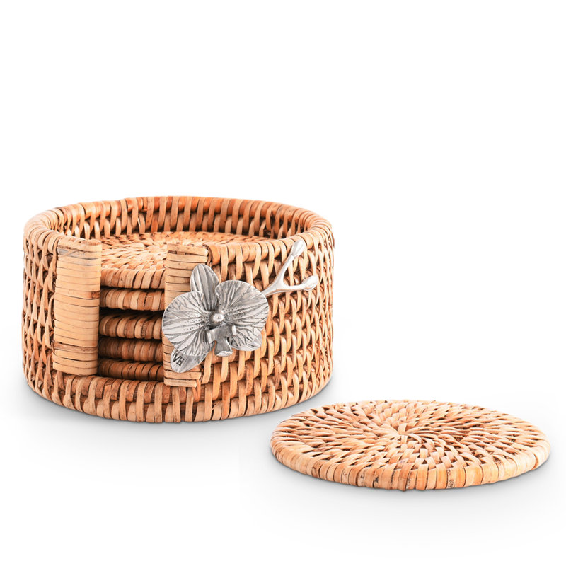Hand-Woven Wicker Rattan Round Coaster Set with Pewter Orchid Holder