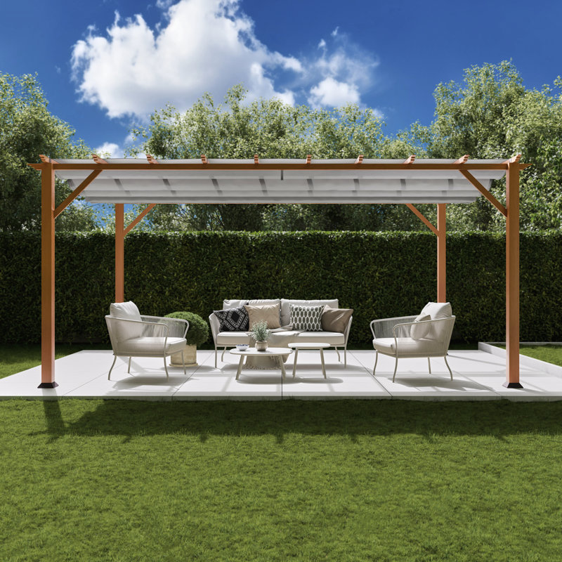 Pergola de l 16 pi x P 11 pi en aluminium à grain de bois à finition cèdre canadien avec toile Florence, Gris