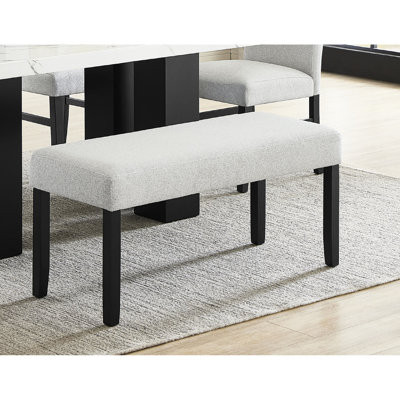 Banc contemporain gris avec finition foncée, assise, tissu doux pour la salle à manger, tons neutres, pieds de finition