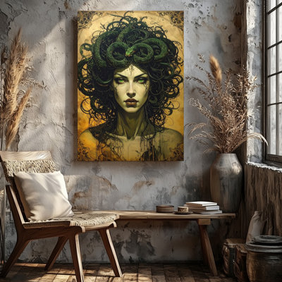 Wall Art Gothic Medusa Portrait Canvasdark Mythical Gorgon With Green Eyes And Snakes Canvas Ready To Hang Gallery Wrapped Home Decor