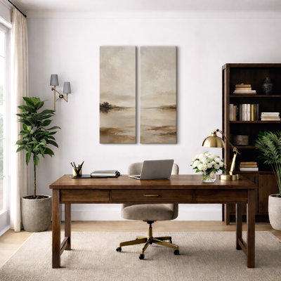 Paysage lacustre minimaliste beige chaud – Ensemble de 2 impressions d'art encadrées sur toile 32 po x 12 po x 2 po