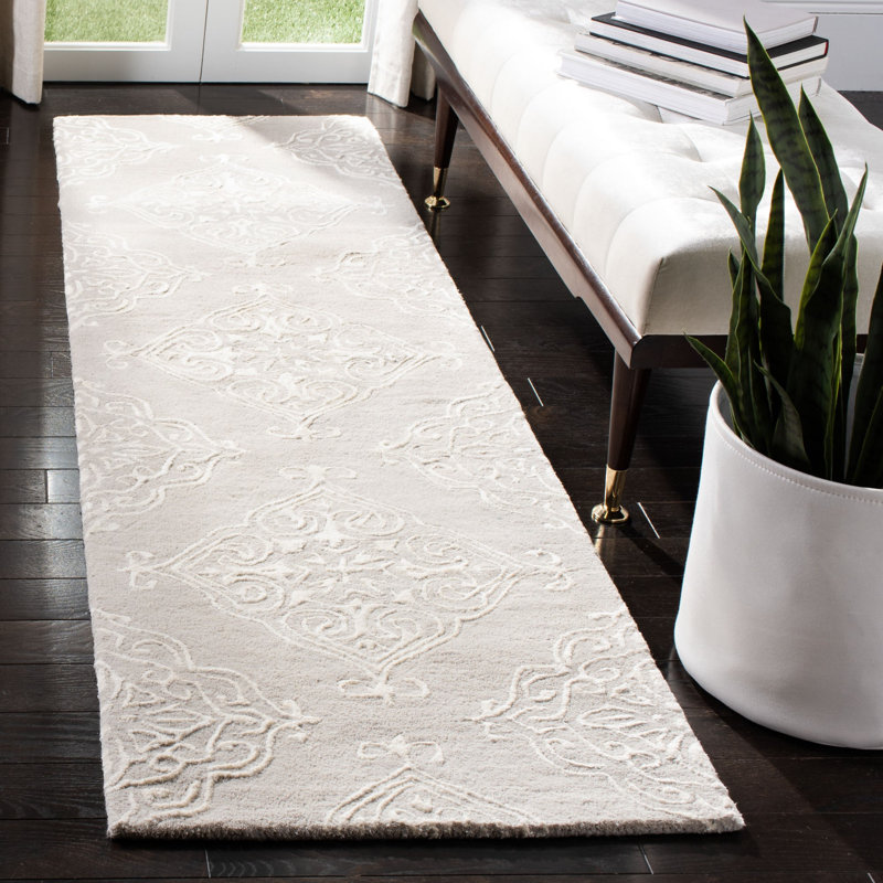 Tapis argent / ivoire en laine touffeté à la main Bernon, Tapis de couloir 2 pi 3 po x 8 pi