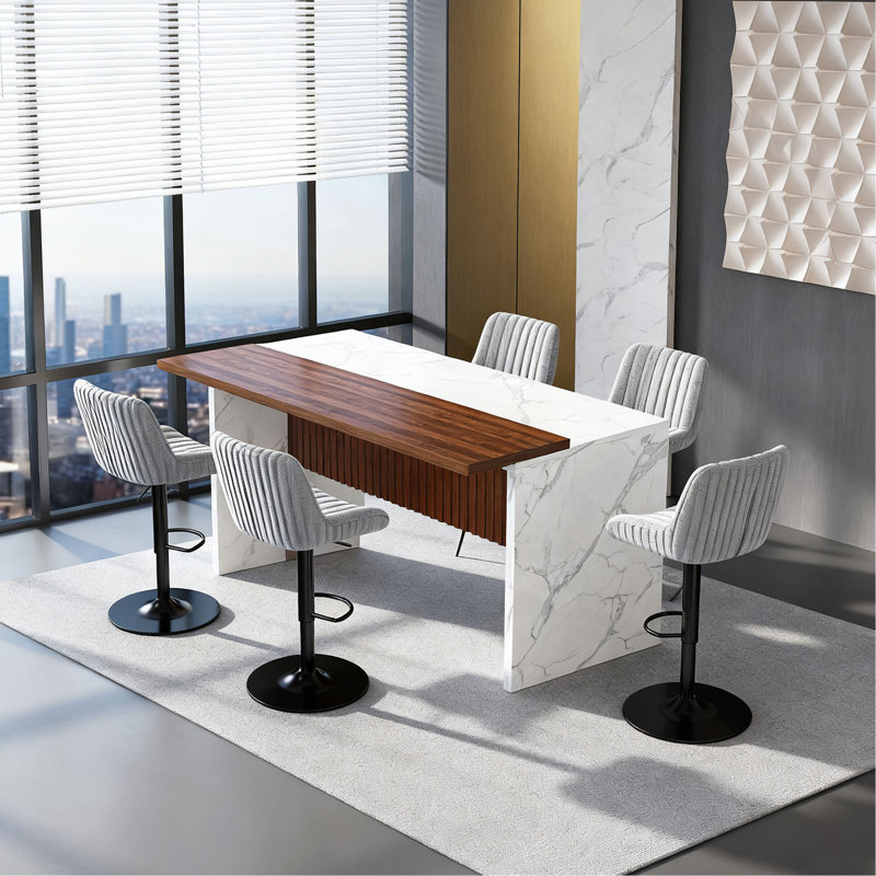 63" Modern Kitchen Island With Marble-Look Surface, LED Lights & Grille Design For Dining Room, Living Room, White