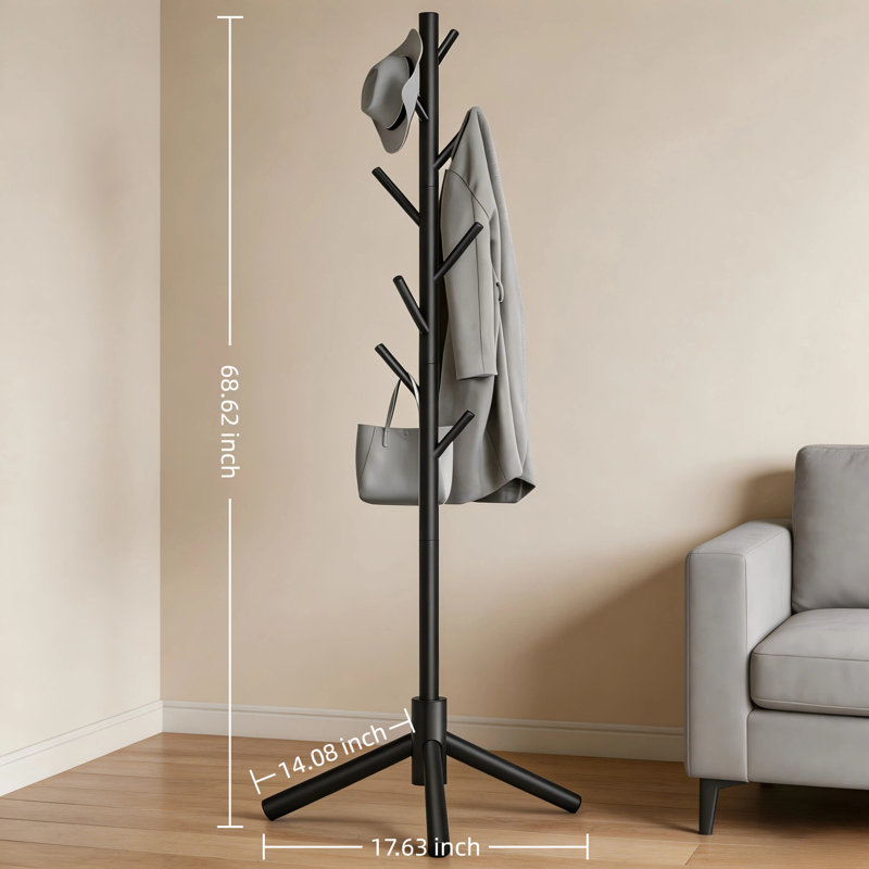 Portemanteau vertical en bois massif noir, base triangulaire stable, crochets multiples réglables, assemblage facile, rangement polyvalent pour de multiples cas de figure.