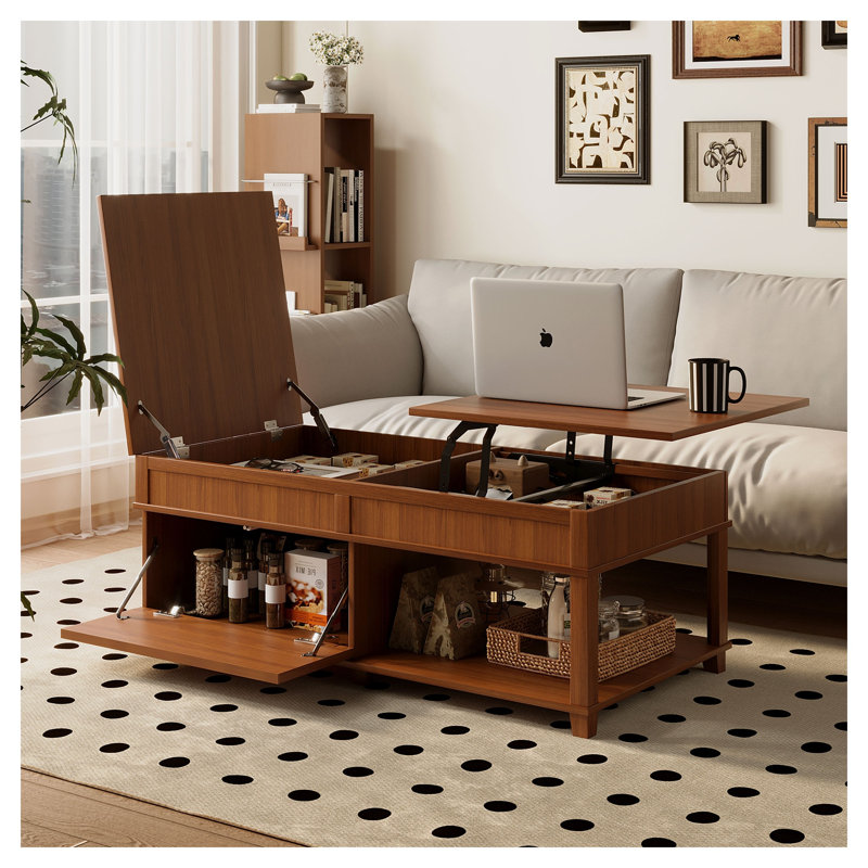 Table basse à plateau relevable avec rangement caché et tablettes ouvertes - Bureau à hauteur réglable pour le salon, brun abricot