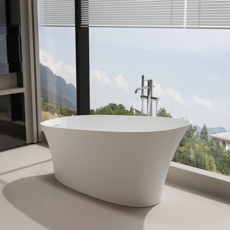 66.83 In. X 29.4 In. Solid Surface Freestanding Flatbottom Soaking Bathtub With Overflow In Matte White