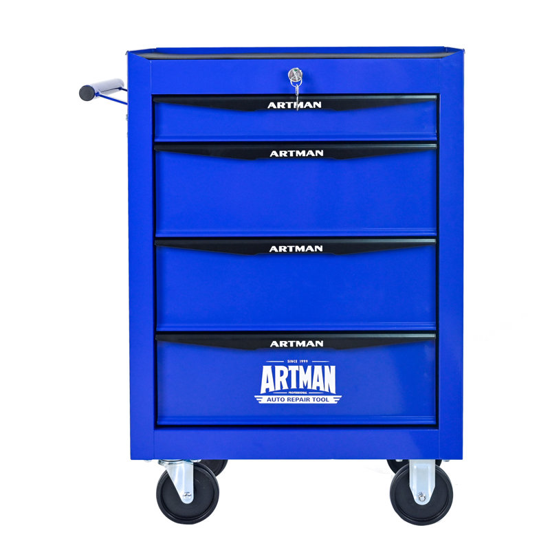 Coffre à outils roulant en métal avec 4 tiroirs et glissières à roulement à billes, organisateur en acier, Bleu / Noir