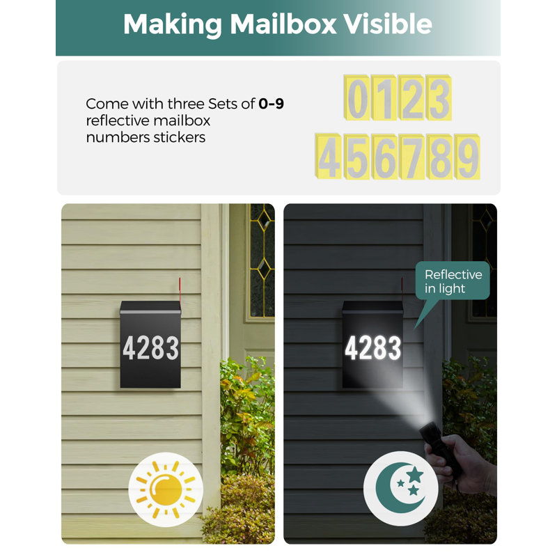 Wall-Mount Mailbox With One Flag Kit And Three Sets Of 0-9 Mailbox Number Stickers, Mailboxes For Outside, Galvanized Steel Rust-Proof Metal Post Box, 7.1"X3.9"X10.24" Black