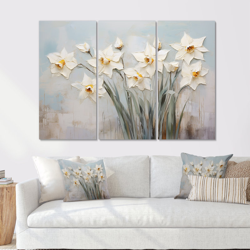 Minimalisme blanc jonquilles - ensemble de reproductions d'art mural jonquilles, H 40 po x l 60 po x P 1 po