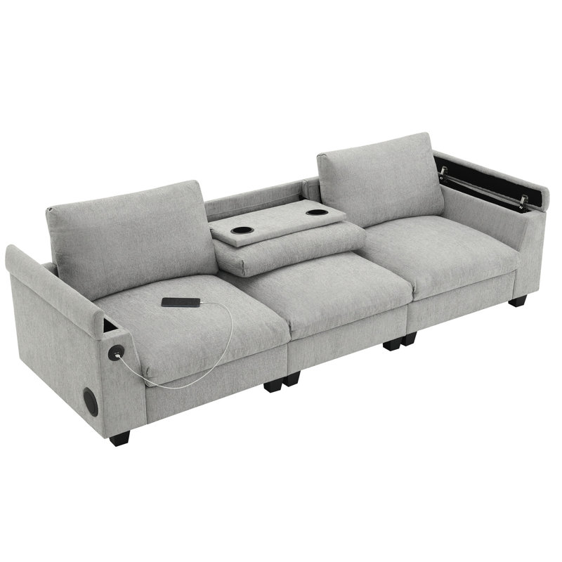Canapé modulaire multifonctionnel en chenille avec porte-gobelets, rangement pour accoudoirs, bureau rabattable et haut-parleur