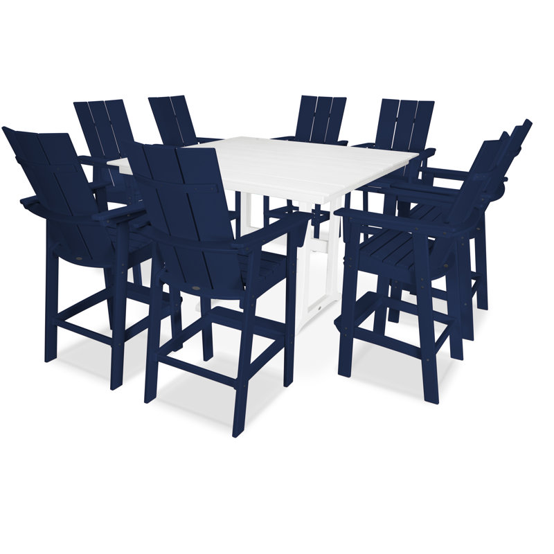 POLYWOOD Modern Curveback Adirondack 9-Piece Farmhouse Trestle Bar Set, Navy/White