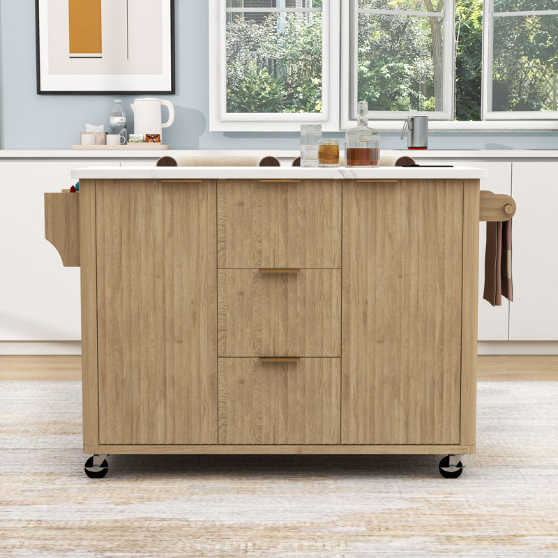 Rolling Kitchen Island with Drop Leaf, Power Outlet, Faux Marble Top and Adjustable Shelves, Natural