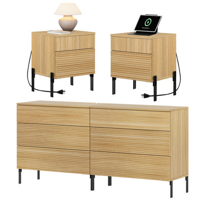 4 Pcs Wood Bedroom Set,Reeded 6 Drawer Dresser And Nightstand Sets For Bedroom, Night Stand Set Of 2 With Built-In Charging Station by WAMPAT