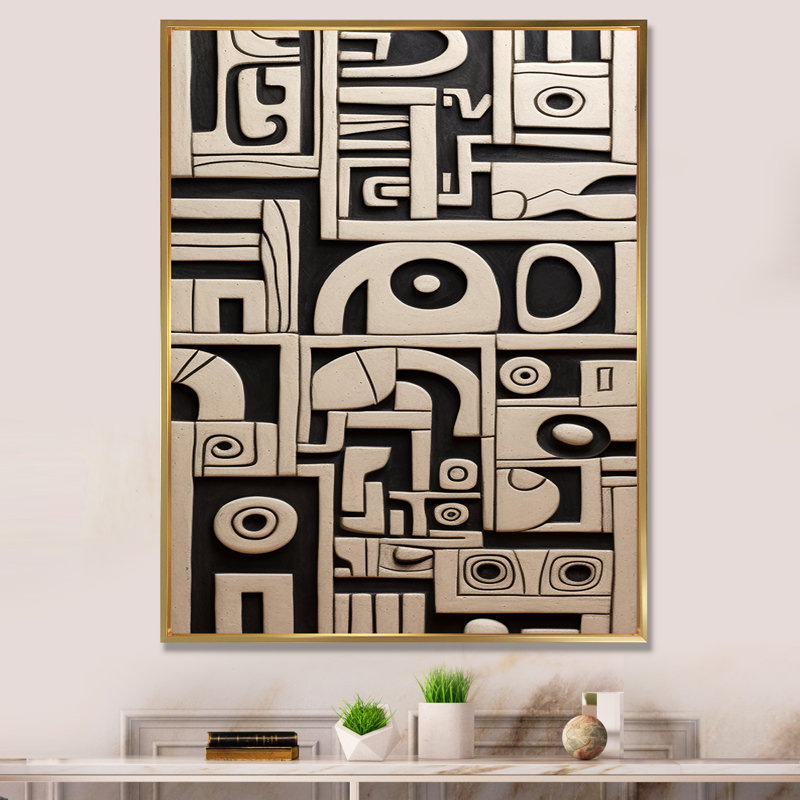 Sculptures tribales en noir et blanc - reproduction sur toile, Cadre flottant doré, H 32 po x l 16 po x P 1 po