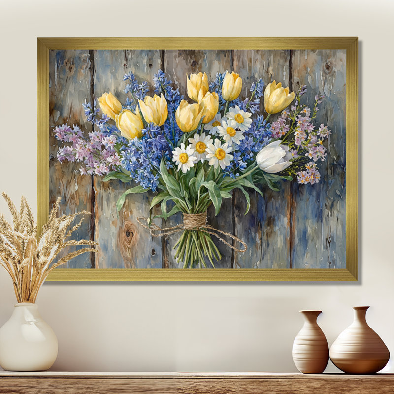 Country Breeze Bouquet I - Assortiment de bouquets d'art mural, H 16 po x l 32 po, Cadre simple, Doré