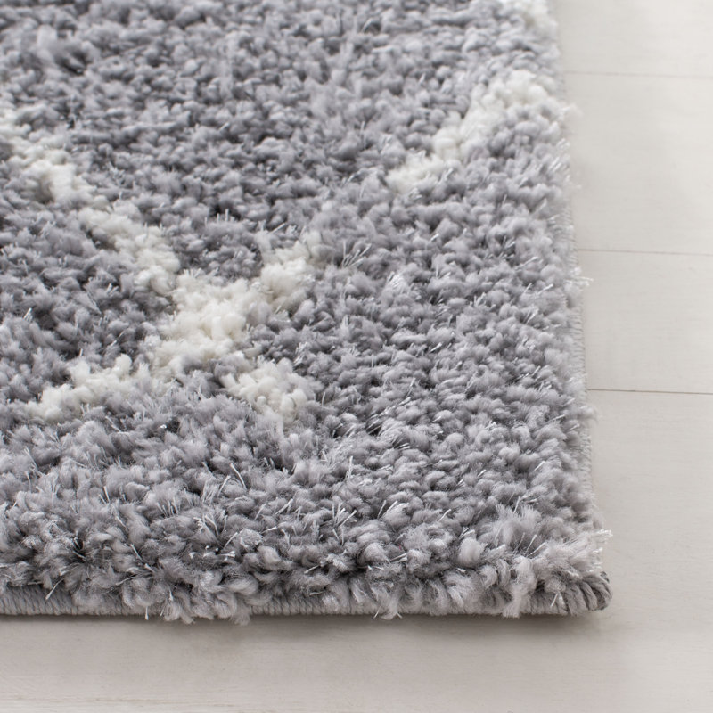 Gray Geometric Hand-knotted Shag Rug, 5' x 7'