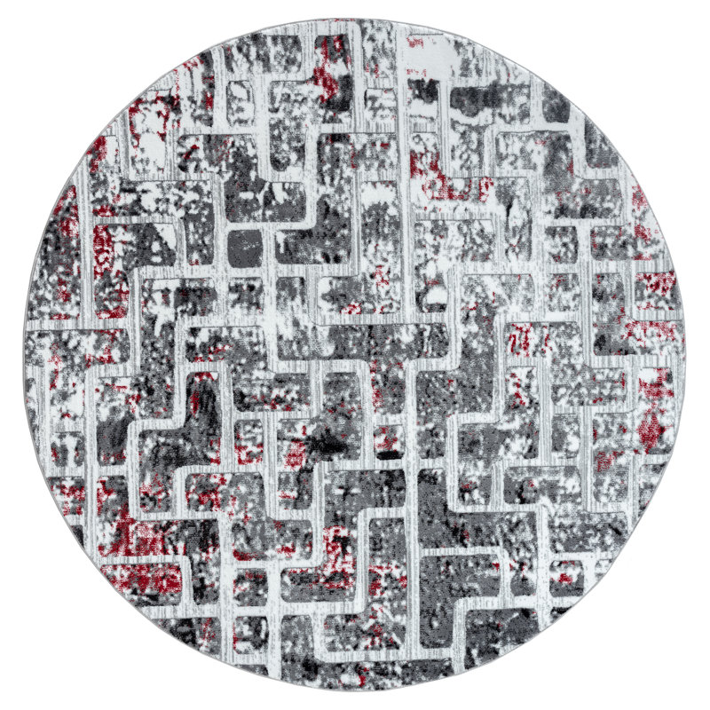 Tapis blanc / gris / bourgogne à motif abstrait Hellie, Rond 6 pi 11 po