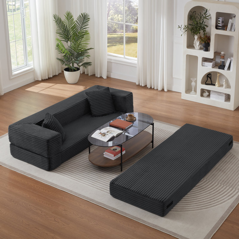 Boneless Modern Cord Sofa with Stylish Square Design, Unique Two-Tier Convertible Bed for Apartments and Large Spaces
