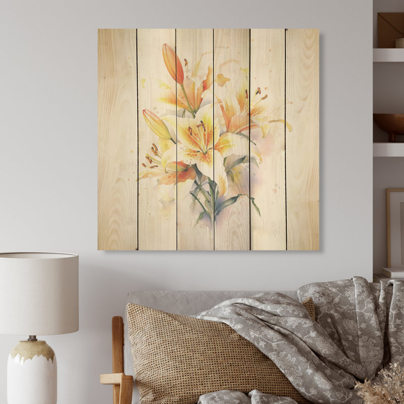 Élégance de lis blanc et jaune - lys, art mural sur bois de pin naturel, H 15 po x l 15 po