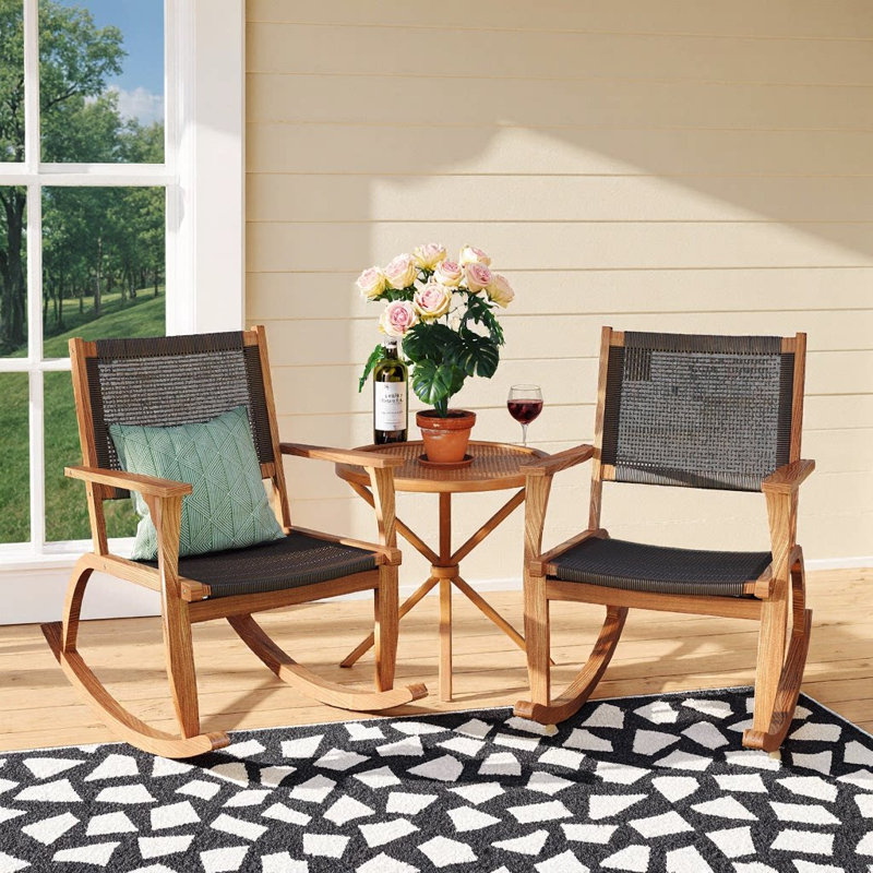 Ensemble 2 pièces de chaises berçantes de patio en bois d'acacia et en osier - Bascules d'extérieur brun foncé avec base berçante courbée, capacité de 400 lb - Chaises de jardin confortables pour la cour, le balcon ou la piscine
