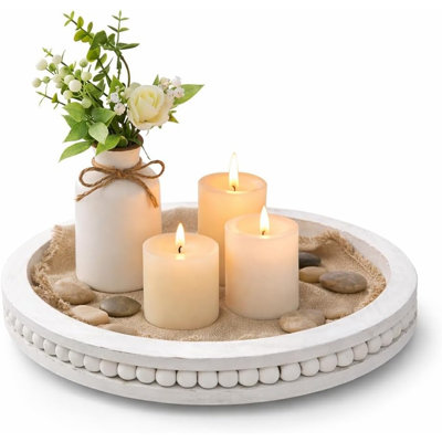 Plateau rond en bois perlé Farmhouse, plateau décoratif en bois rustique blanchi pour table basse, centre de table de cuisine, repose-pieds ou collations de service