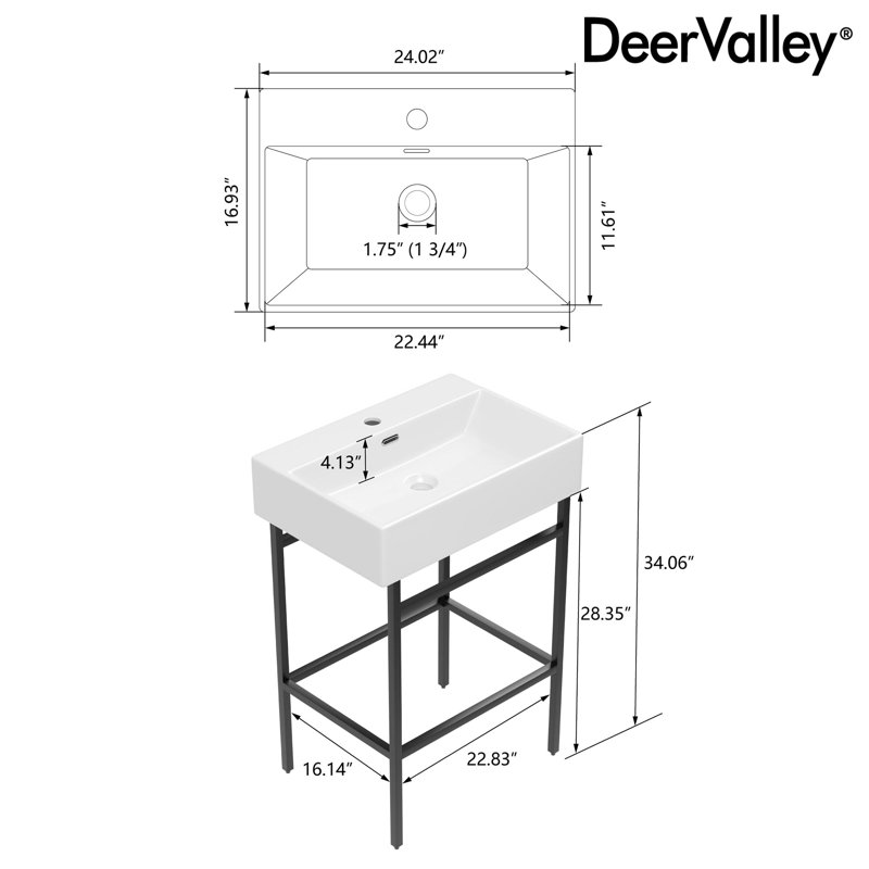 Lavabo de salle de bain console en céramique rectangulaire à trou unique 24 po avec trop-plein, Noir, noir, noir, noir
