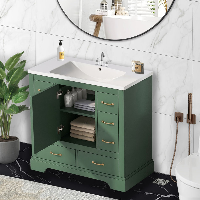Meuble-lavabo simple 36 po avec plateau en céramique Raedon, Vert, Or brossé