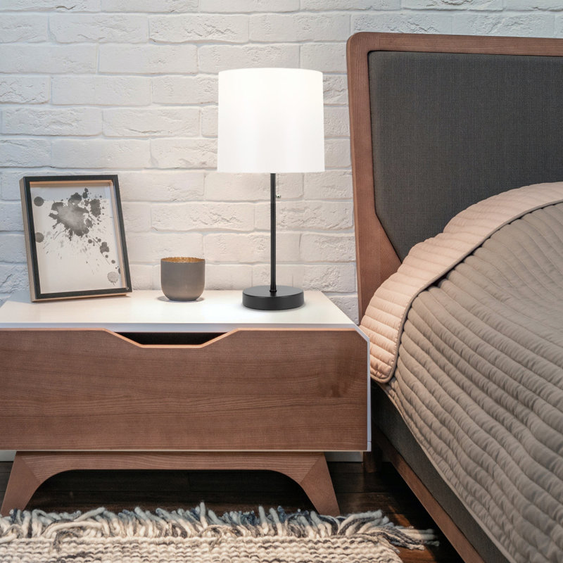Sarriah Modern Stick Accent Table Lamp with Pull Chain and White Fabric Shade, Brushed Steel, 20"