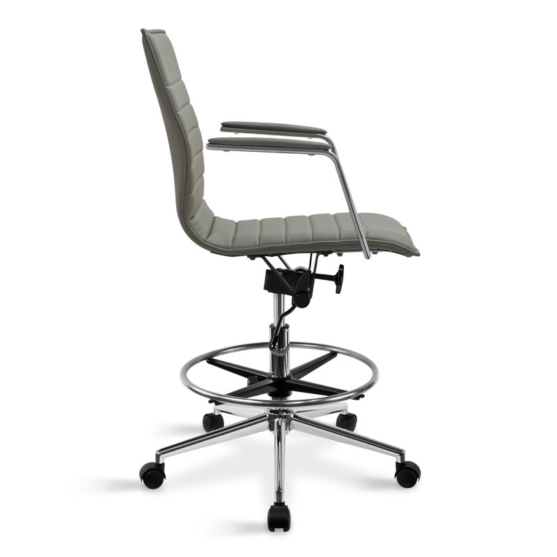 Modern Drafting Chair | Upholstered PU Leather Ribbed Mid Back with Tall Adjustable Base & Leg Rest | Tilt Lock, Swivel | Computer Armchair for Home, Executive, Conference, Meetings