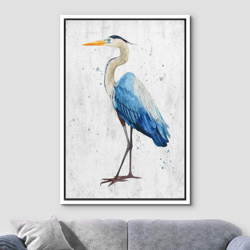 Blue Heron, oiseau sur toile, Cadre flottant blanc, H 24 po x l 16 po x P 1,5 po
