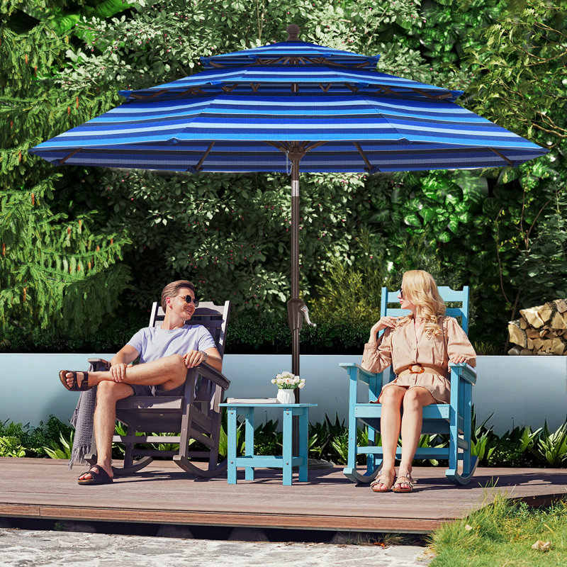 Parasol de marché en oléfine 9 'à 3 niveaux avec inclinaison et manivelle, Promenade à rayures