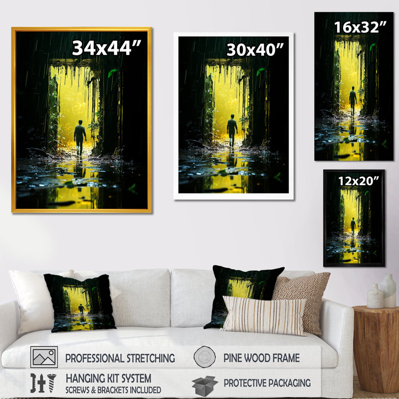 Mystic Flora Man Walking To Mystic Forest II - Abstract Landscape, art mural, Cadre flottant noir, H 32 po x l 24 po x P 1 po