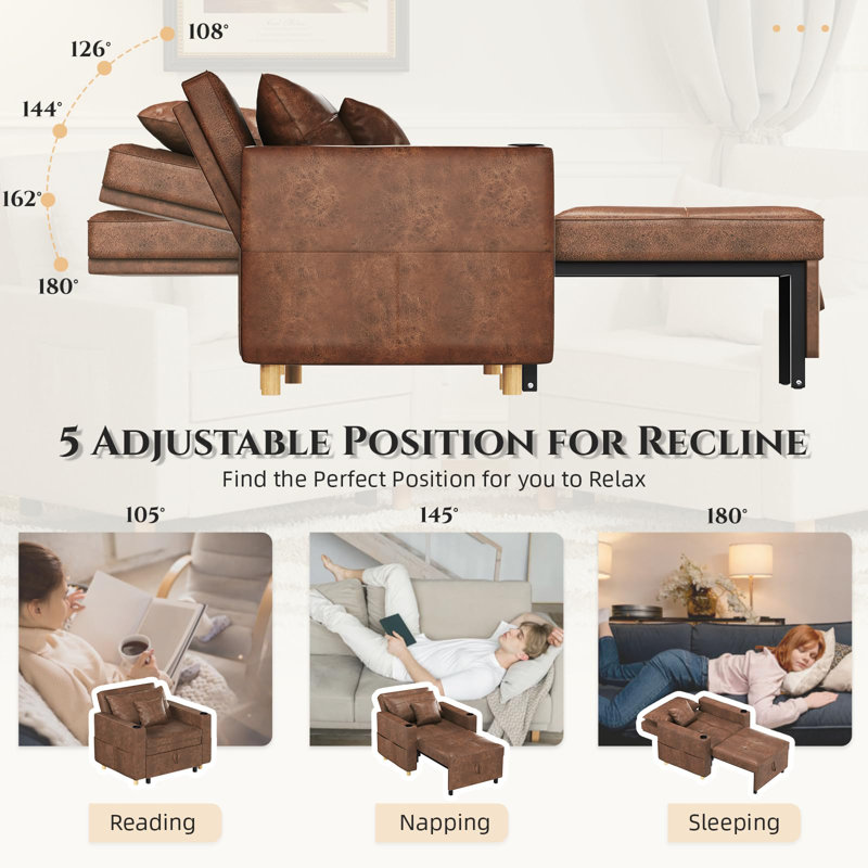 Emma-Leigh 1 Seater Fabric Accent Chairs Bed, Brown Faux Leather