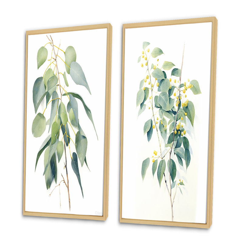 "Minimalisme eucalyptus", 2 pièces sur toile, H 40 po x l 40 po, Encadrement brun