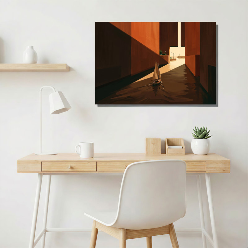 Voilier dans une voie d'eau en terre cuite étroite, art mural, 12"H x 18"W