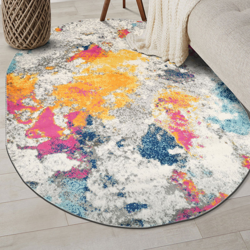 Noires Abstract Ivory/Gray/Blue Area Rug, Oval 5' x 7'