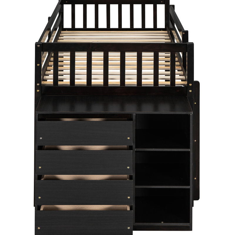 Lit simple superposé au-dessus avec 4 tiroirs pratiques et 3 tablettes pour la maison et le style, Lit simple, Espresso