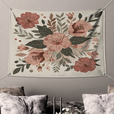Pink Floral Illustration Wall Tapestry - Flowers Wall Decor