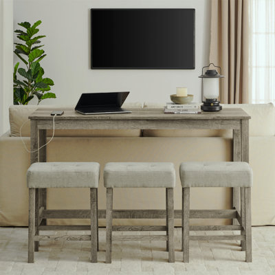 59 Inch Bar Table, Dining Table, Sofa Table With Power Outlet, 3 Upholstered Stools, 4 Piece Bar Table And Chair Set