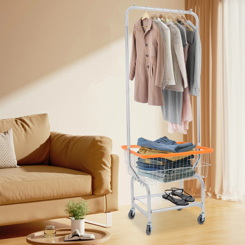 Large Capacity Clothes Cart, Rolling Laundry Cart, Laundry Cart With Hanging Rod, Silver/Orange